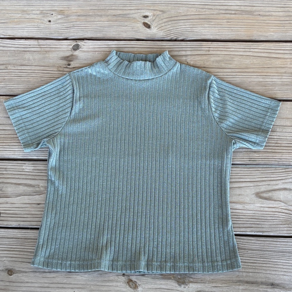 Ribbed Mock Neck Short Sleeve Top in Green NWOT XL